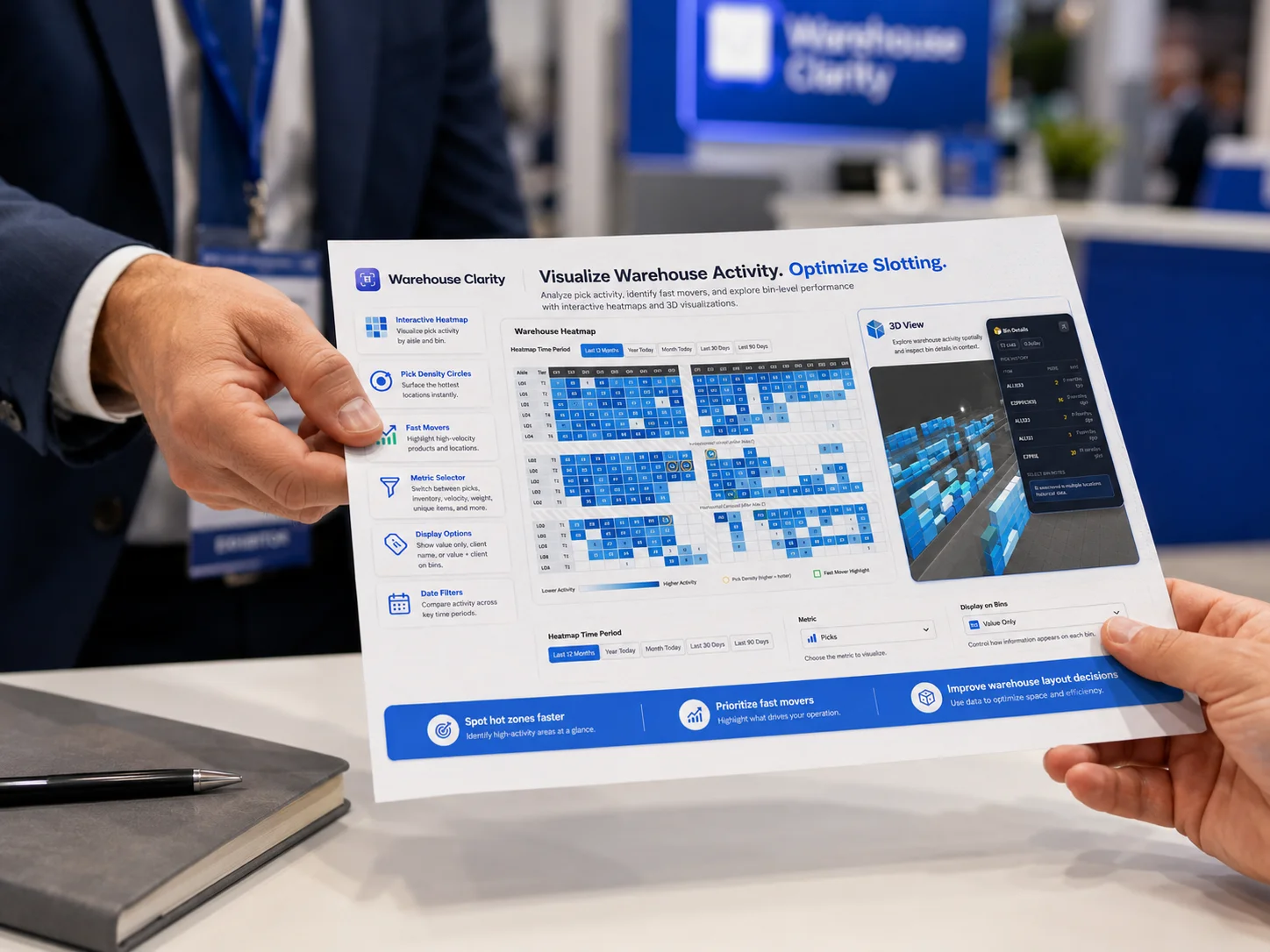 A printed Warehouse Heatmap brochure being handed across a counter — request a copy by email.