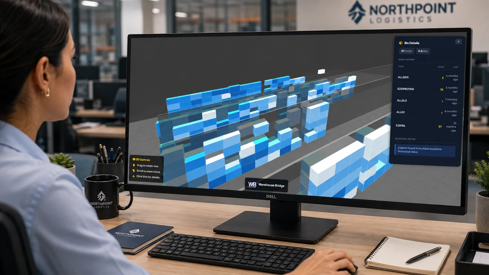 The Warehouse Heatmap 3D view on a wide monitor — racking and bins rendered in colored tiers showing pick activity across the warehouse, with a bin-detail panel open on the right.