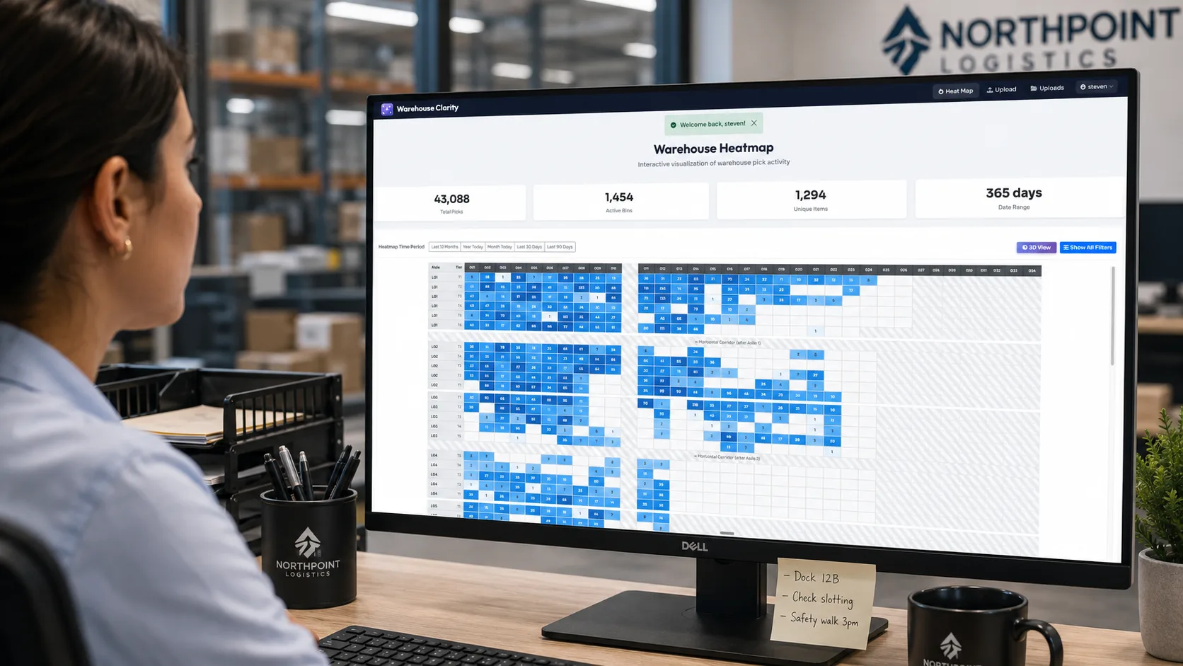 The Warehouse Heatmap 2D heat map open on a wide monitor — color-coded grid of bins across aisles, with KPI summary cards above the grid showing activity totals.