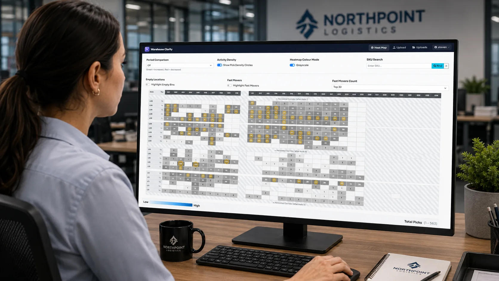 Warehouse manager viewing the Warehouse Heatmap pick-density heat map on a desktop monitor — see at a glance which bins are picked most often and where activity is concentrated across the facility.