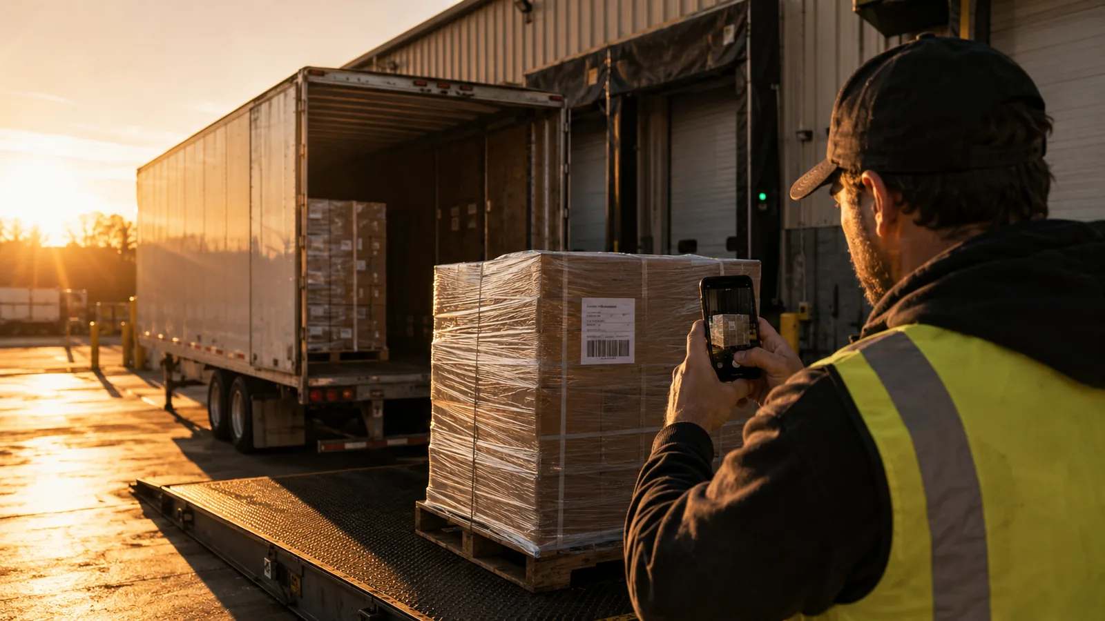 A warehouse loading dock at golden hour — the shift change moment that tends to bracket the calmer windows when re-slotting work actually happens.